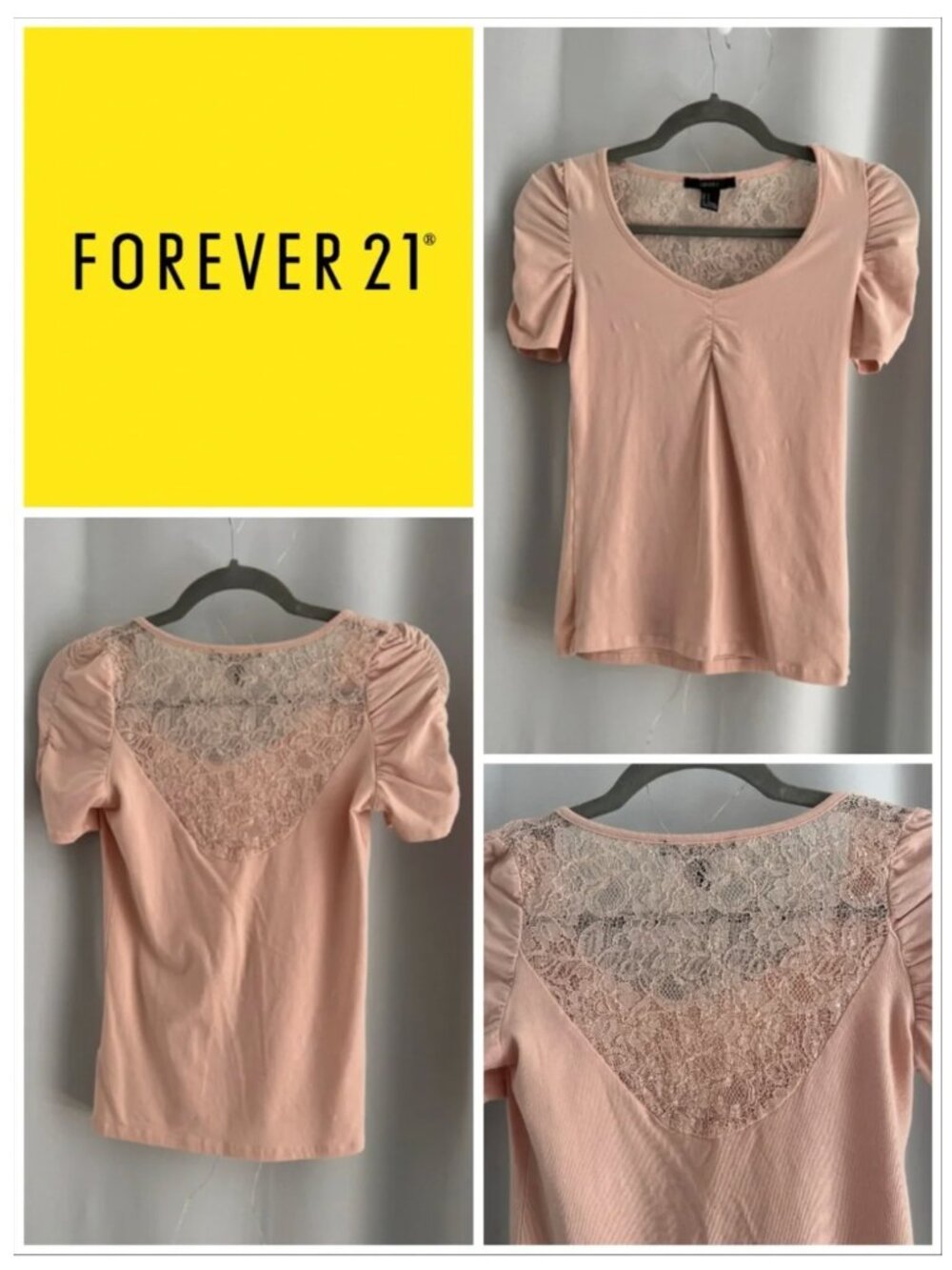 NEW Forever 21 Blush Pink Puff Sleeve Tee with Lace Back